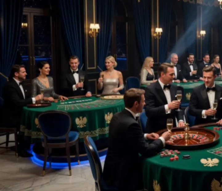 Elegancka sala kasynowa z gośćmi przy stołach do gry