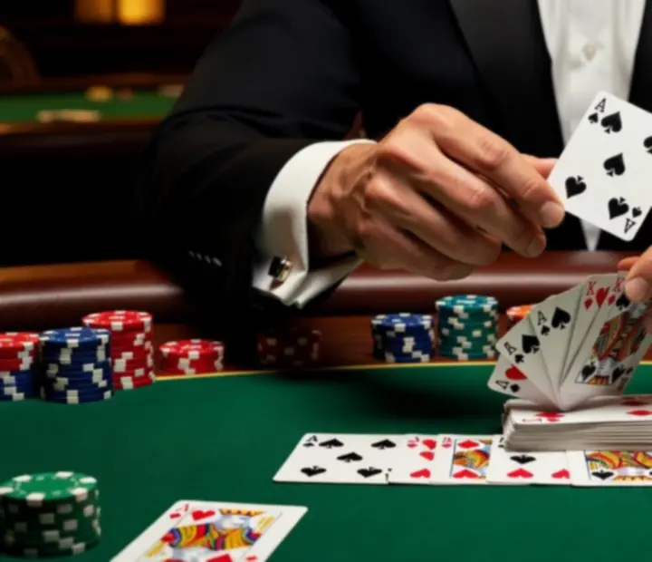Zbliżenie na profesjonalnego dealera rozdającego karty przy stole pokerowym