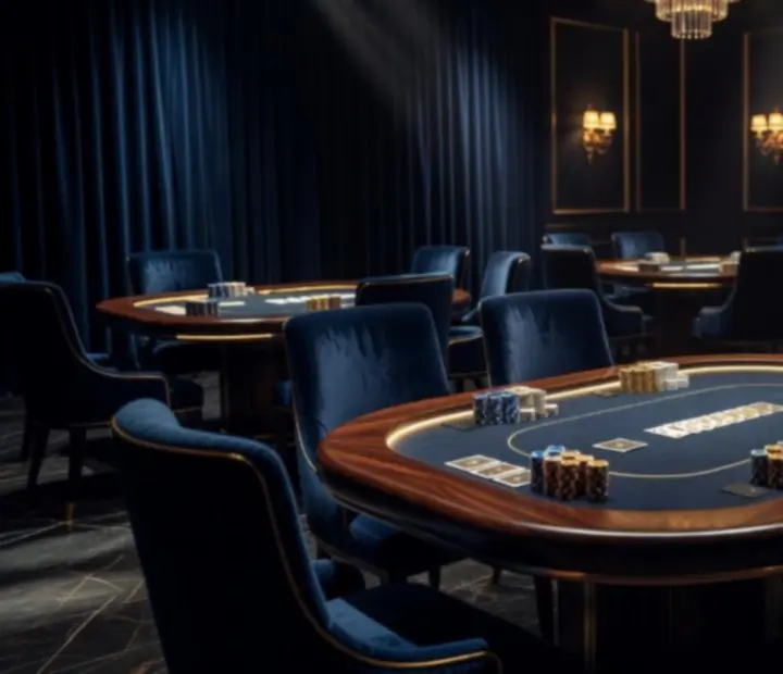 Elegancka sala pokerowa z uczestnikami przy oświetlonych stołach